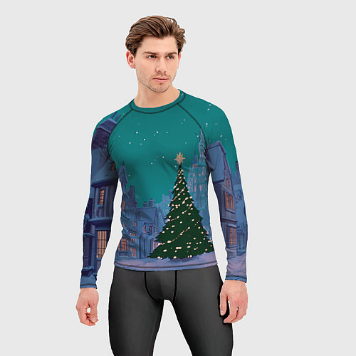 Мужской рашгард Зеленая новогодняя елка во вдоре / 3D-принт – фото 3
