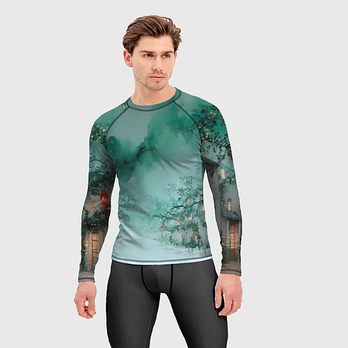 Мужской рашгард Новогодняя туманная улица / 3D-принт – фото 3