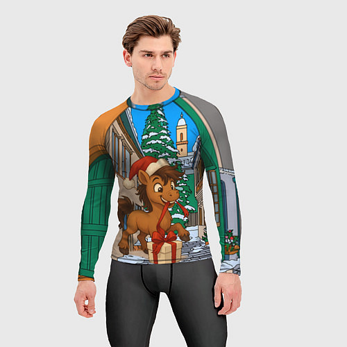 Мужской рашгард Лошадка распаковывает новогодний подарок / 3D-принт – фото 3
