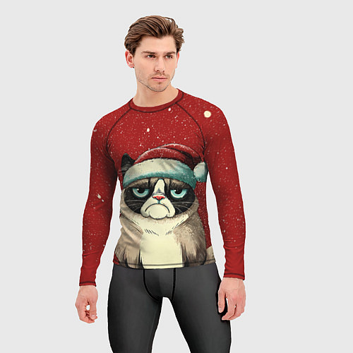 Мужской рашгард Грустный Новогодний мем котик / 3D-принт – фото 3