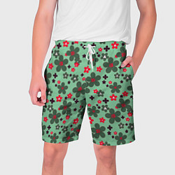 Шорты на шнурке мужские Красно-зеленый цветочный узор ретро, цвет: 3D-принт