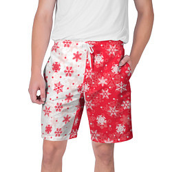 Шорты на шнурке мужские Снежинки красно-белые, цвет: 3D-принт