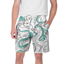 Шорты на шнурке мужские Дракон Хаку в стиле тату: белый и бирюзовый паттер, цвет: 3D-принт
