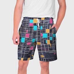 Шорты на шнурке мужские Белые полосы и разноцветные квадраты, цвет: 3D-принт