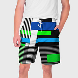 Шорты на шнурке мужские Геометрический узор сине -зеленый в стиле пэчворк, цвет: 3D-принт