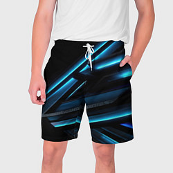 Мужские шорты Черная абстракция с синим неоновым ярким свечением