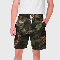 Шорты на шнурке мужские Реалистичный охотничий камуфляж из ткани и листьев, цвет: 3D-принт