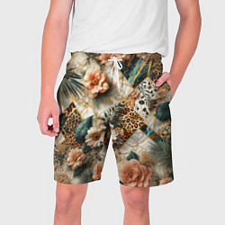 Шорты на шнурке мужские Цветы на кусках мрамора и леопардовом узоре, цвет: 3D-принт