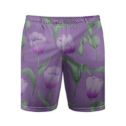 Мужские спортивные шорты Фиолетовые тюльпаны с зелеными листьями