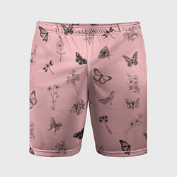 Мужские спортивные шорты Цветочки и бабочки на розовом фоне