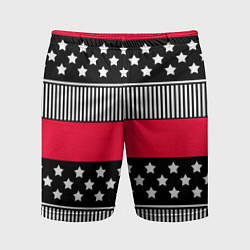 Шорты спортивные мужские Red and black pattern with stripes and stars, цвет: 3D-принт