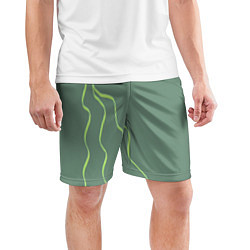 Шорты спортивные мужские Абстрактные зеленые линии на фоне цвета хаки, цвет: 3D-принт — фото 2