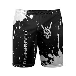 Мужские спортивные шорты Disturbed и рок символ на темном фоне