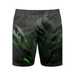Шорты спортивные мужские Объемные черные и зеленые линии, цвет: 3D-принт