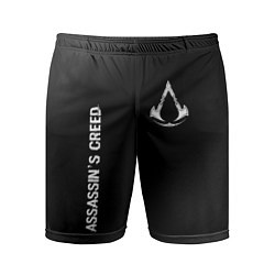 Шорты спортивные мужские Assassins Creed glitch на темном фоне: надпись, си, цвет: 3D-принт