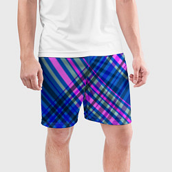 Шорты спортивные мужские Синий ассиметричный узор с розовыми косыми полосам, цвет: 3D-принт — фото 2