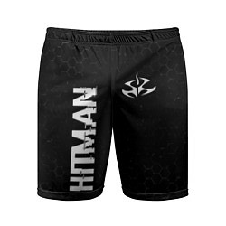 Мужские спортивные шорты Hitman glitch на темном фоне: надпись, символ