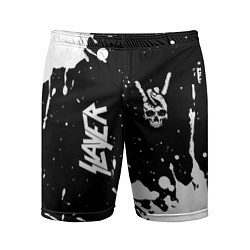 Мужские спортивные шорты Slayer и рок символ на темном фоне
