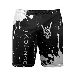 Шорты спортивные мужские Bon Jovi и рок символ на темном фоне, цвет: 3D-принт