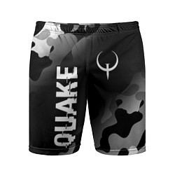 Мужские спортивные шорты Quake glitch на темном фоне: надпись, символ