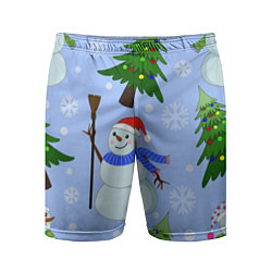 Шорты спортивные мужские Снеговики с новогодними елками паттерн, цвет: 3D-принт
