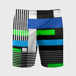 Шорты спортивные мужские Геометрический узор сине -зеленый в стиле пэчворк, цвет: 3D-принт