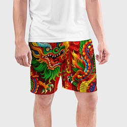Шорты спортивные мужские Японский традиционный красный дракон золотой узор, цвет: 3D-принт — фото 2