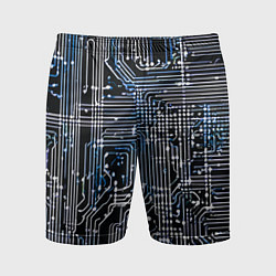 Шорты спортивные мужские Киберпанк схемы белые и синие, цвет: 3D-принт