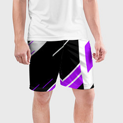 Шорты спортивные мужские Бело-фиолетовые полосы на чёрном фоне, цвет: 3D-принт — фото 2