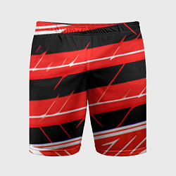 Шорты спортивные мужские Чёрно-белые полосы на красном фоне, цвет: 3D-принт