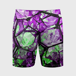 Шорты спортивные мужские Чёрно-зелёная абстракция на фиолетовом фоне, цвет: 3D-принт