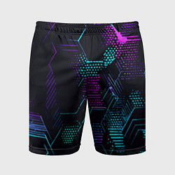 Шорты спортивные мужские Розово-голубые точки и линии на чёрном фоне, цвет: 3D-принт