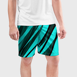 Шорты спортивные мужские Неоновый голубой с чёрным абстракция с полосами, цвет: 3D-принт — фото 2