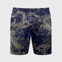 Шорты спортивные мужские Золотые драконы на синем, цвет: 3D-принт