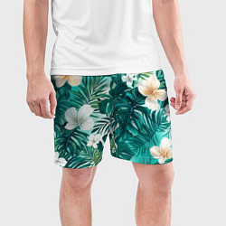 Шорты спортивные мужские Цветы и пальмовые листья - тропический паттерн, цвет: 3D-принт — фото 2