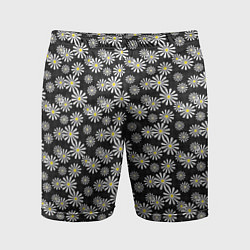 Шорты спортивные мужские Белые цветы ромашки на черном в мелкий горошек, цвет: 3D-принт