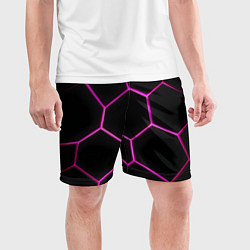 Шорты спортивные мужские Черные соты с фиолетовым неоном, цвет: 3D-принт — фото 2