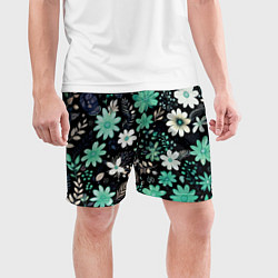 Шорты спортивные мужские Чёрный в зелёный цветочек стилизованный, цвет: 3D-принт — фото 2
