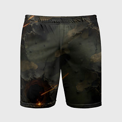 Шорты спортивные мужские Огненные следы от пуль на камуфляже, цвет: 3D-принт