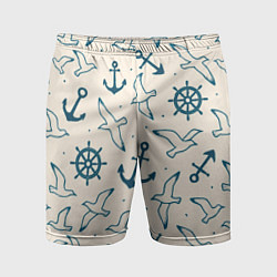 Шорты спортивные мужские Морской паттерн из штурвалов, чаек и якорей, цвет: 3D-принт