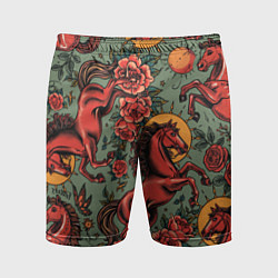 Шорты спортивные мужские Красный конь и розы, цвет: 3D-принт