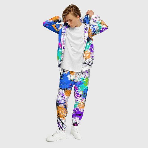 Мужской костюм Брызги и мазки разноцветных красок на белом фоне / 3D-Белый – фото 3