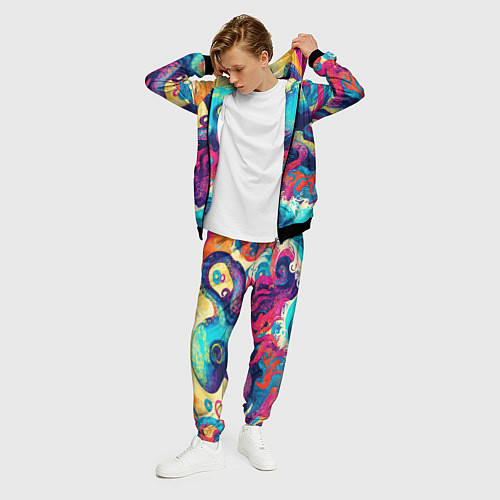 Мужской костюм Разноцветный осьминог на волнах красок / 3D-Черный – фото 3