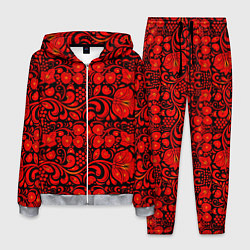Костюм мужской Хохломская роспись красные цветы и ягоды на чёрном, цвет: 3D-меланж