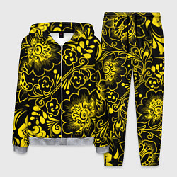 Костюм мужской Хохломская роспись золотые цветы на чёроном фоне, цвет: 3D-меланж