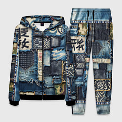 Костюм мужской Иероглифы на пэчворк дениме, цвет: 3D-черный
