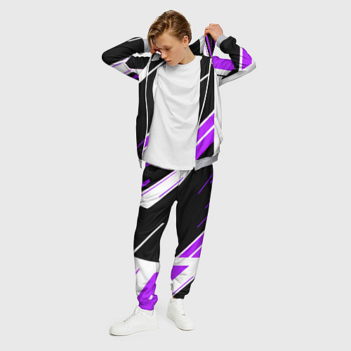 Мужской костюм Бело-фиолетовые полосы на чёрном фоне / 3D-Меланж – фото 3