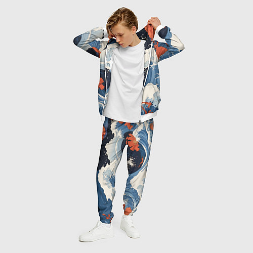 Мужской костюм Япония волны алые цветы / 3D-Белый – фото 3