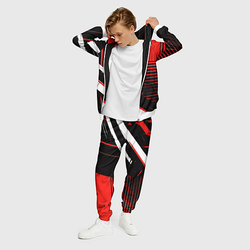 Мужской костюм Красно белые полосы на чёрном фоне / 3D-Белый – фото 3