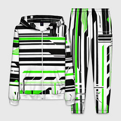 Костюм мужской Зелёно-белые технологические линии на чёрном фоне, цвет: 3D-белый